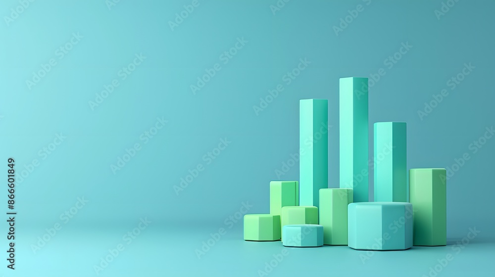 Minimalistic 3D bar graph in shades of green and blue on a plain background, representing data visualization and business growth. Minimalistic 3D bar graph in shades of green and blue on a plain background, representing data visualization and business growth.