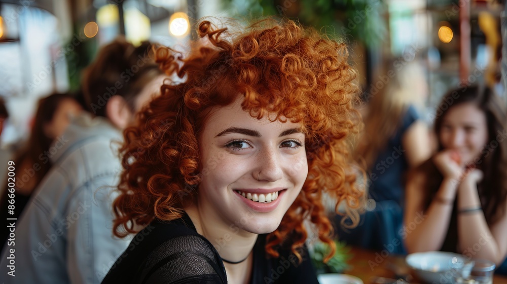 Fototapeta premium Smiling young woman with vibrant curly hair in a cozy cafe setting. Portrait style image highlighting natural, lively beauty. Ideal for lifestyle and social themes. Vibrant and upbeat atmosphere. AI