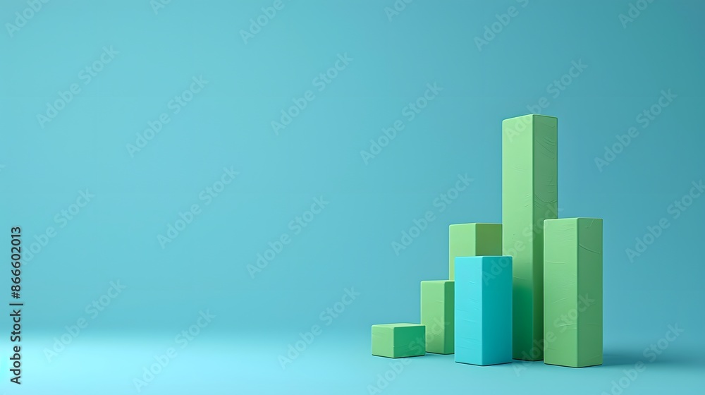 Minimalistic green and blue 3D bar graph on a light blue background, depicting data visualization, statistics, or financial analysis concepts. Minimalistic green and blue 3D bar graph on a light blue background, depicting data visualization, statistics, or financial analysis concepts.