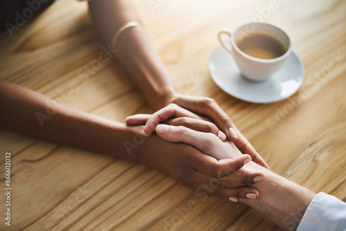 Fotografie Support, holding hands and trust on table, family and closeup of empathy of people in house