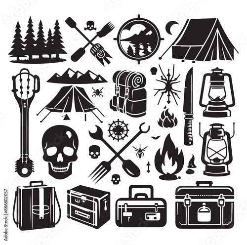 Camping and Outdoors set silhouette vector illustration.