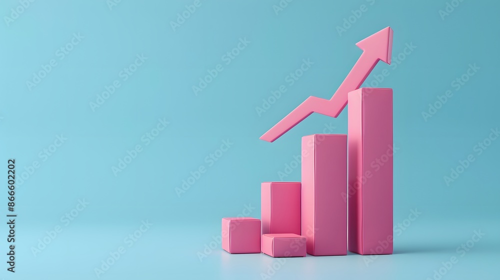 Pink bar graph with upward arrow on blue background symbolizes business growth and success in a minimalist design. Pink bar graph with upward arrow on blue background symbolizes business growth and success in a minimalist design.