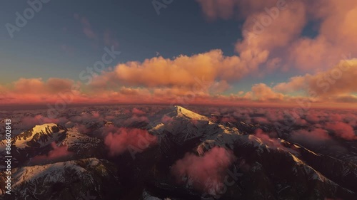 Sunset aerial view of Mount Elbrus in Kabardino-Balkarian Republic. Russia