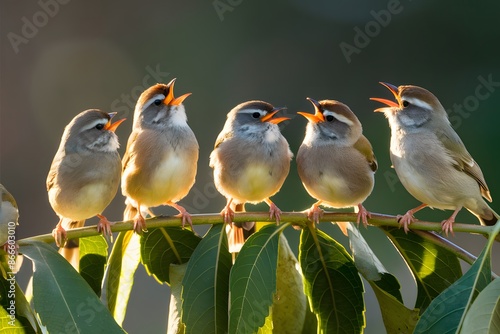 Small birds on leafy branch, engaged in lively chatter