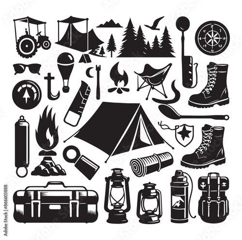 Camping and Outdoors set silhouette vector illustration