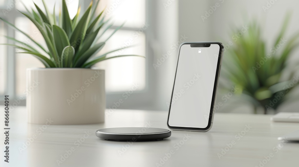 A phone sits on a table next to a plant A phone sits on a table next to a plant