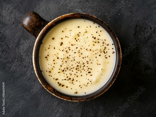 Classic Béchamel Sauce in a Rustic Bowl with Ground Nutmeg, Showcasing Its Creamy Texture