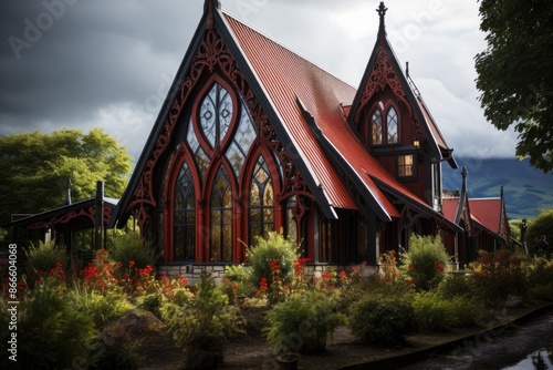 Rotorua, New Zealand, the village of Ohinemutu, with its Maori church and traditional houses., generative IA photo