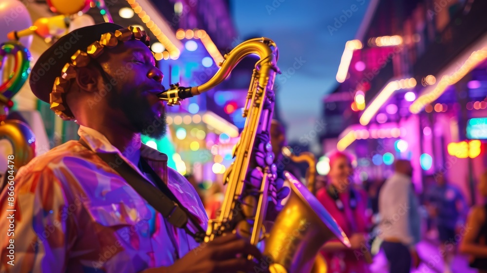 Festive Mardi Gras Scene in New Orleans with Vibrant Saxophonist Festive Mardi Gras Scene in New Orleans with Vibrant Saxophonist