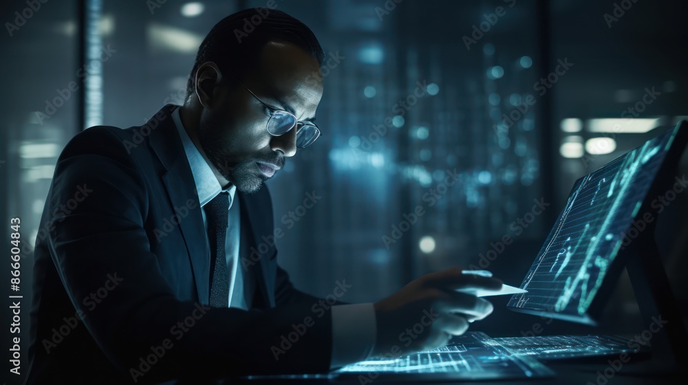 Man working on futuristic touchscreen interface Man working on futuristic touchscreen interface