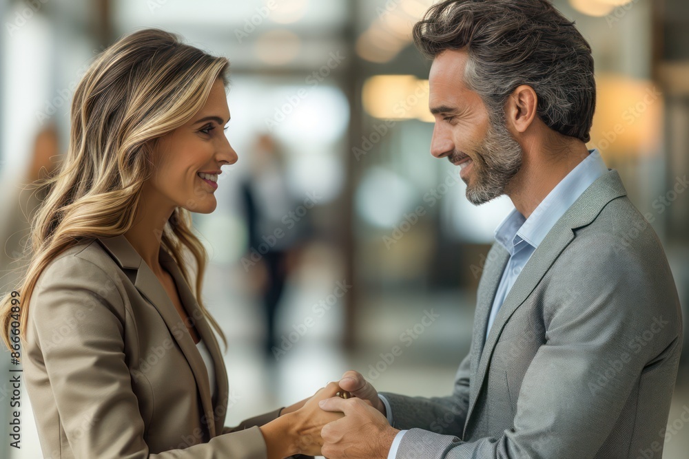 Business colleagues smiling and holding hands in office Business colleagues smiling and holding hands in office