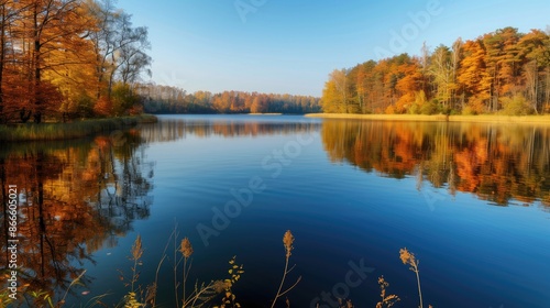 A peaceful lake surrounded by autumn-colored trees reflecting on the calm water.