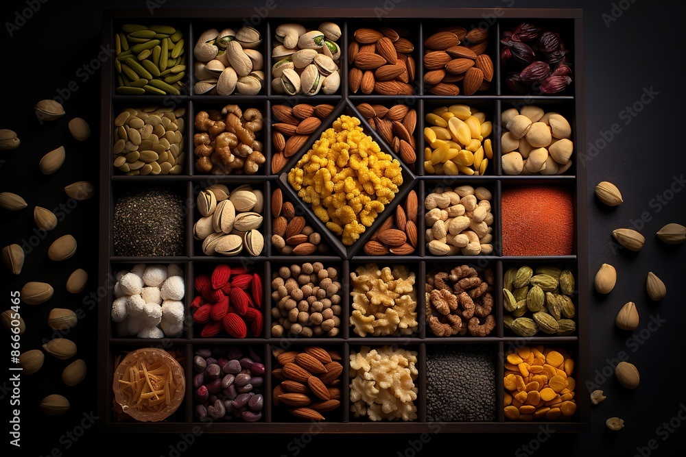 A variety of nuts and seeds in a square tray A variety of nuts and seeds in a square tray