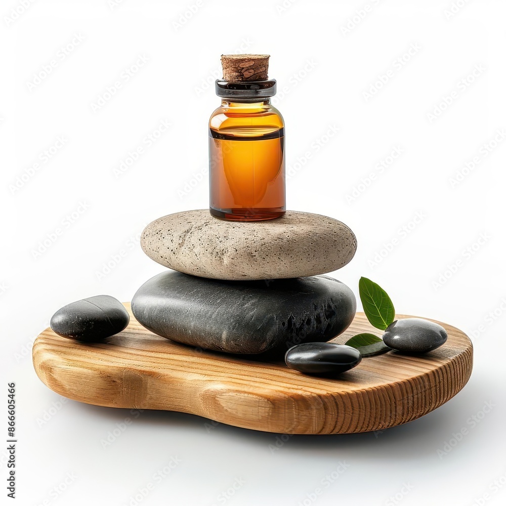 bottle of essential oil sitting on a wooden tray with rocks bottle of essential oil sitting on a wooden tray with rocks