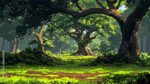 Ancient Oak Trees Forest Clearing Greenery Cartoon Background Wilderness Landscape Woodsy Environment Illustration Nature Scenery Woodland Scene Old Growth Forest