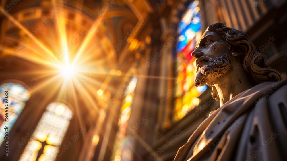 Statue of Jesus Christ in Church Illuminated by Vibrant Stained Glass Light Statue of Jesus Christ in Church Illuminated by Vibrant Stained Glass Light