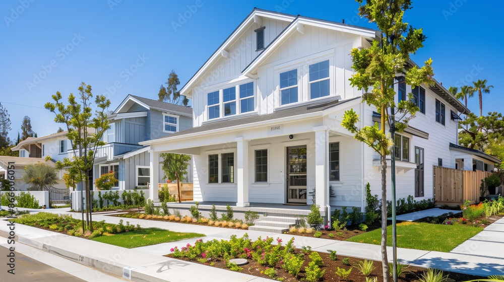 American House with Garden. Architecture Exterior with Windows. Residential Building (one family). Real Estate. Suburban Residence. American House with Garden. Architecture Exterior with Windows. Residential Building (one family). Real Estate. Suburban Residence.