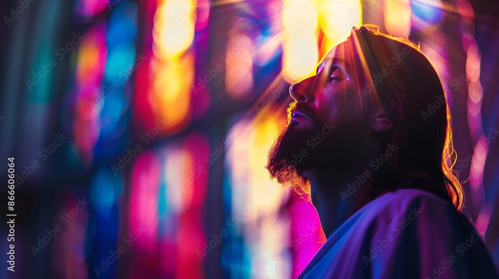 Close-Up of Jesus Christ Statue in Church Illuminated by Vibrant Sunlight Through Stained Glass Close-Up of Jesus Christ Statue in Church Illuminated by Vibrant Sunlight Through Stained Glass