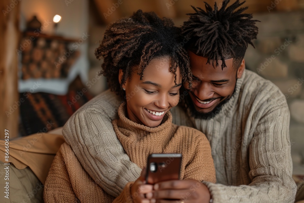 couple sharing a moment of joy as they look at a smartphone, the man embracing the woman from behind. couple sharing a moment of joy as they look at a smartphone, the man embracing the woman from behind.