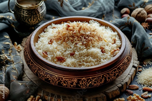 A wooden tray with rice and nuts on it