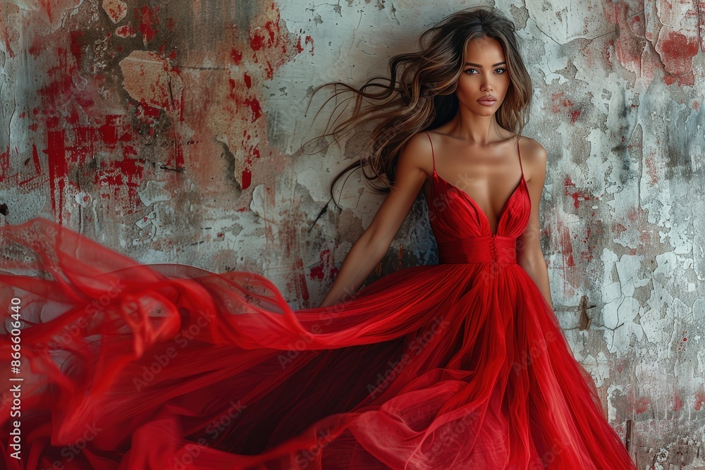 A woman in a stunning red dress poses elegantly against a distressed wall, featuring a mix of passion, elegance, and raw background texture, creating a dramatic yet stylish visual. A woman in a stunning red dress poses elegantly against a distressed wall, featuring a mix of passion, elegance, and raw background texture, creating a dramatic yet stylish visual.