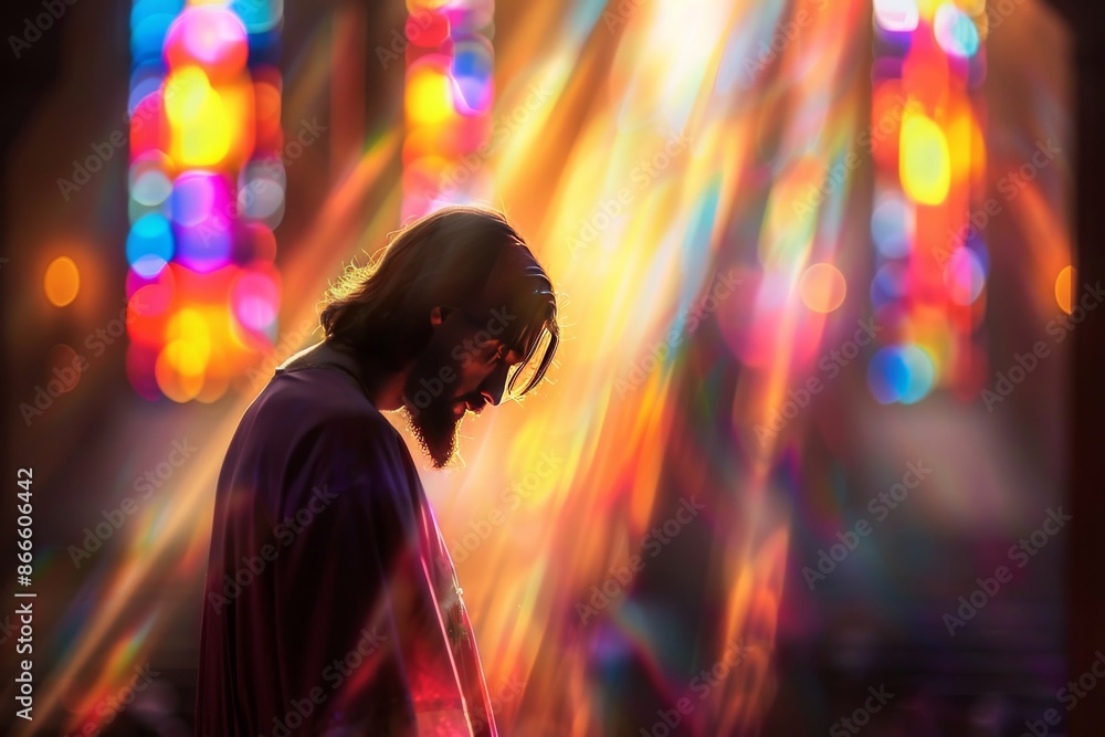 Obraz premium Close-Up of Jesus Christ Statue in Church Illuminated by Vibrant Sunlight Through Stained Glass