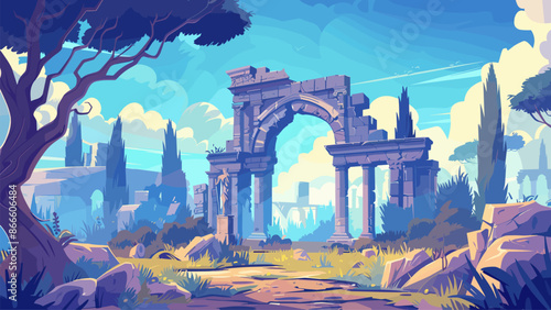 Ancient Roman Antique Ruins Building Landscape Background. Game Style Cartoon Illustration. History Civilization Archeology Architecture Heritage Monument Colosseum Amphitheater