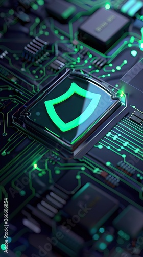 Digital security shield icon on a circuit board background. Printed circuit board. Technology background. 3D illustration. PCB, Code, HTML. AI generated illustration