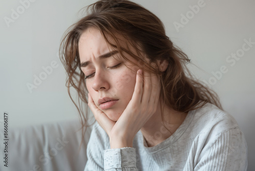 Young woman feeling unwell, holding her face with both hands while sitting indoors