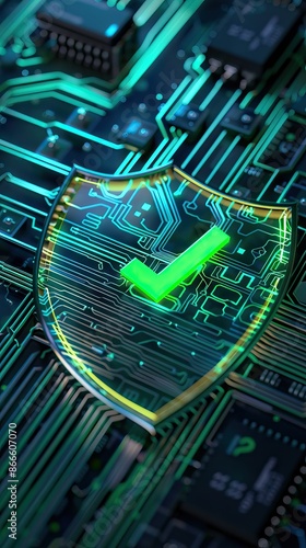 Digital security shield icon on a circuit board background. Printed circuit board. Technology background. 3D illustration. PCB, Code, HTML. AI generated illustration