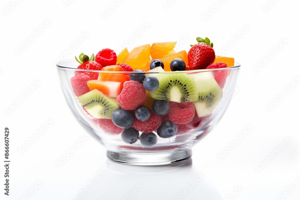 Glass bowl with fresh fruits salad and berries isolated on white Glass bowl with fresh fruits salad and berries isolated on white