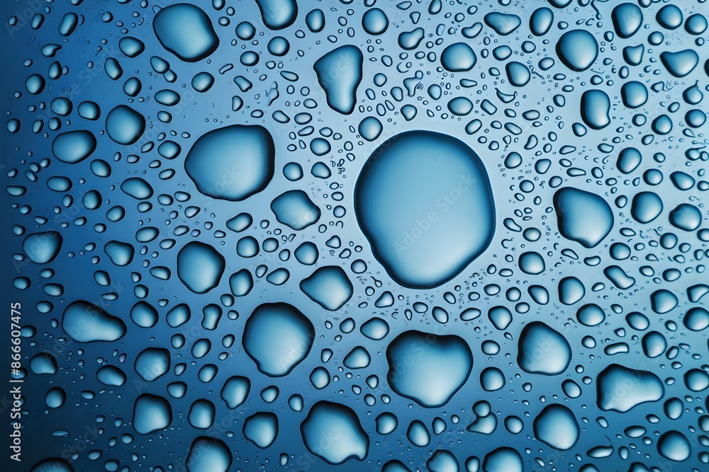Large water droplet on blue surface, varying smaller droplets around Large water droplet on blue surface, varying smaller droplets around