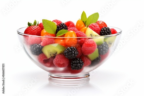 Glass bowl with fresh fruits salad and berries isolated on white