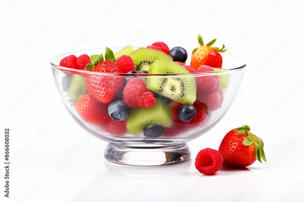 Glass bowl with fresh fruits salad and berries isolated on white Glass bowl with fresh fruits salad and berries isolated on white