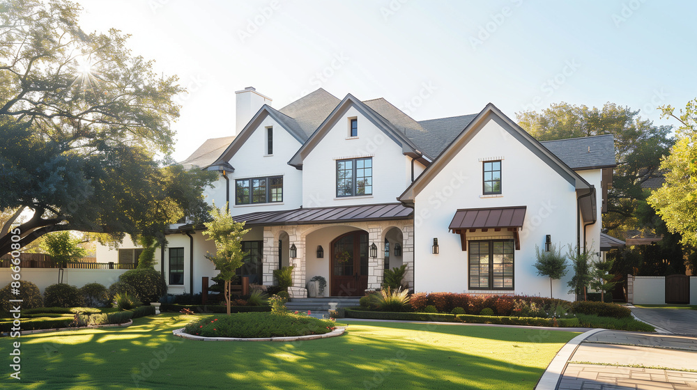 House with Garden. Architecture Exterior with Windows. Residential Building (one family). Real Estate. Suburban Residence. House with Garden. Architecture Exterior with Windows. Residential Building (one family). Real Estate. Suburban Residence.