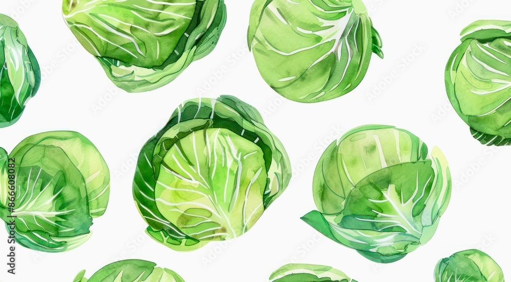 Set of heads of green cabbage isolated on white background, watercolor pattern design. Set of heads of green cabbage isolated on white background, watercolor pattern design.