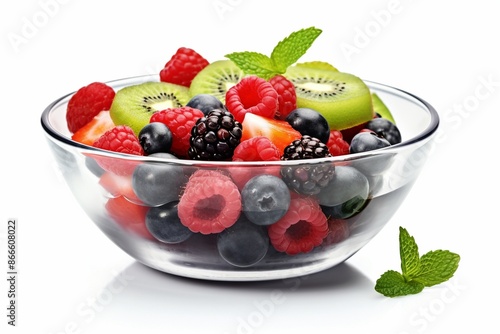 Glass bowl with fresh fruits salad and berries isolated on white