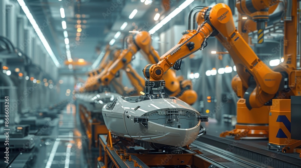 A modern shipyard featuring robotic arms assembling a ship hull, showcasing high-tech machinery in a futuristic industrial setting, emphasizing automation and precision. A modern shipyard featuring robotic arms assembling a ship hull, showcasing high-tech machinery in a futuristic industrial setting, emphasizing automation and precision.