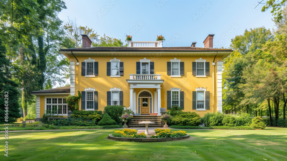 Italianate House with Garden. Architecture Exterior with Windows. Residential Building (one family). Real Estate. Suburban Residence. Italianate House with Garden. Architecture Exterior with Windows. Residential Building (one family). Real Estate. Suburban Residence.