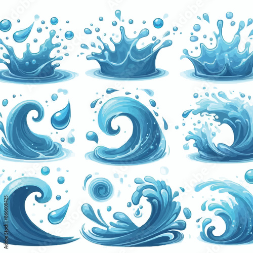 Liquid water splashes, falling aqua drops, sea or ocean waves and swirl. Blue water motion effects vector cartoon set