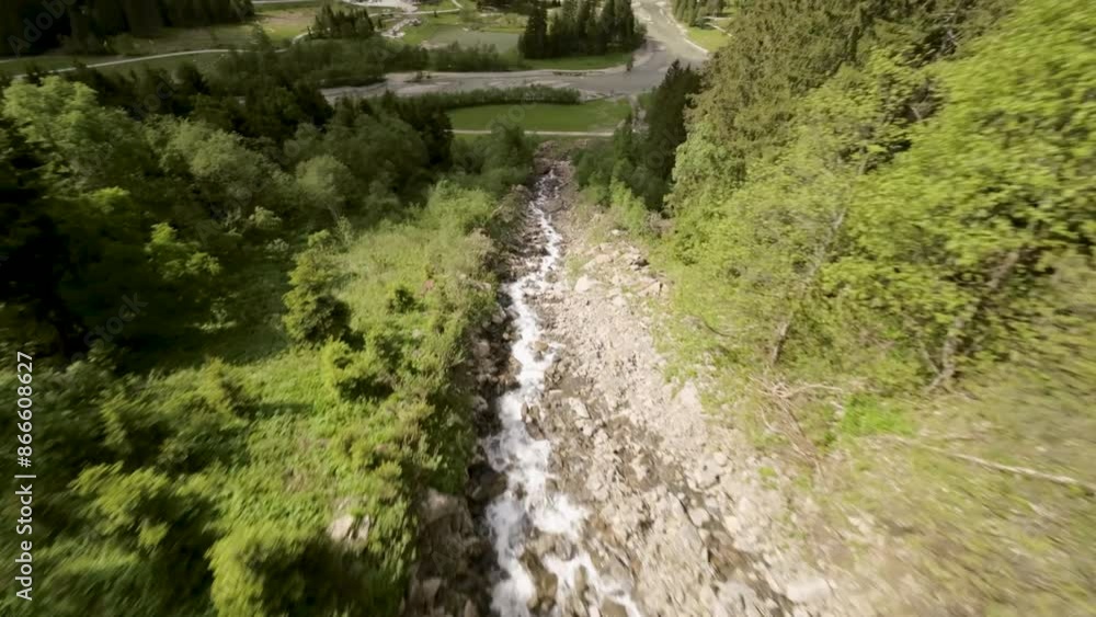 Aerial View Of A Mountain Stream In The Alps Aerial View Of A Mountain Stream In The Alps