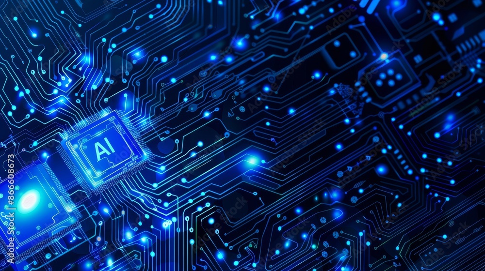 Light blue neon AI chip with thin circuit contact lines. AI chip on technology background. Abstract monochrome blue background. Semiconductor on a board. Modern illustration. Light blue neon AI chip with thin circuit contact lines. AI chip on technology background. Abstract monochrome blue background. Semiconductor on a board. Modern illustration.