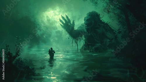 Imaginative illustration painting of a giant ghost in a swamp of black slime, digital art style