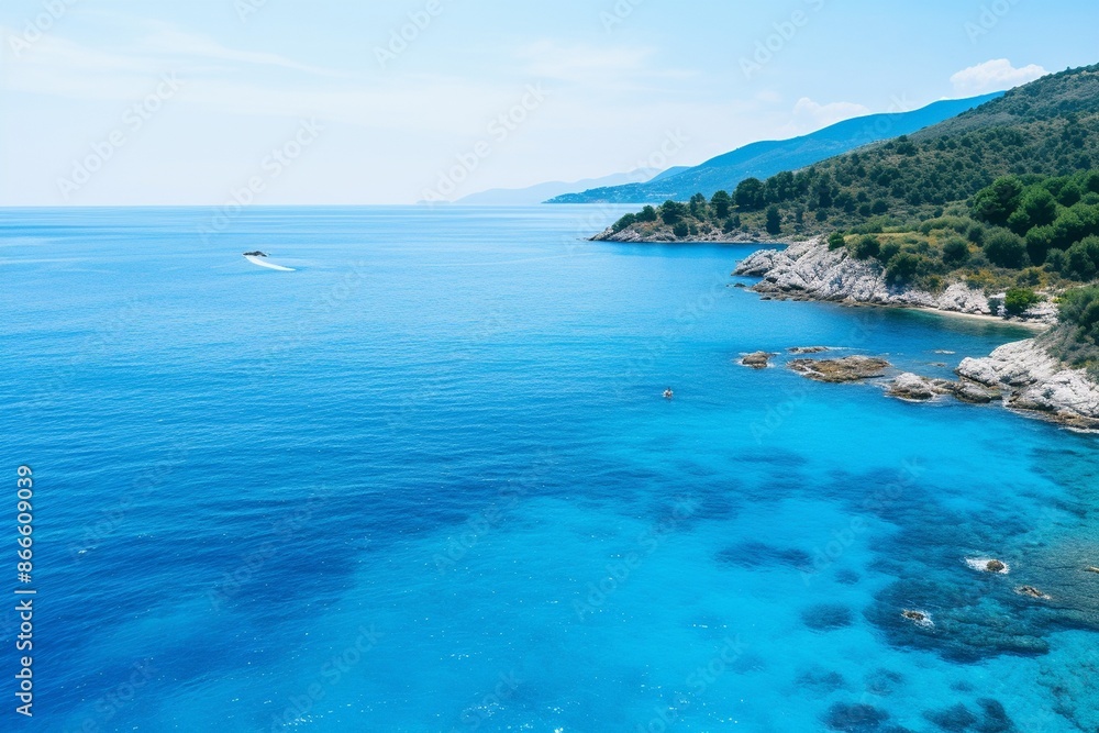 High angle shot of the ocean in different shades of blue in samos, greece High angle shot of the ocean in different shades of blue in samos, greece