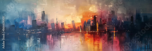 Abstraction. Panorama of big city. wide banner. Space for text. Mixed style painting. For poster, business card, invitation, flyer, banner, email, header, social media post. Generative Ai content