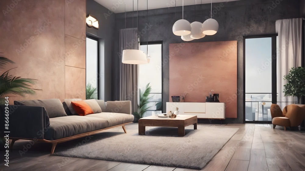 modern living room with sofa, commode and table modern living room with sofa, commode and table