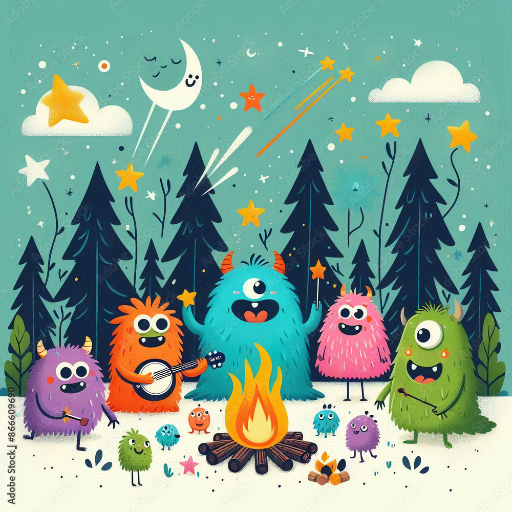 Fuzzy Campfire monsters Playing with guitar and enjoying time Fuzzy Campfire monsters Playing with guitar and enjoying time