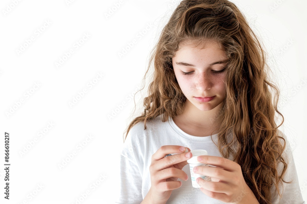 Young Woman Taking Medicine Against White Background with Clear Light - Health and Wellness Concept Young Woman Taking Medicine Against White Background with Clear Light - Health and Wellness Concept