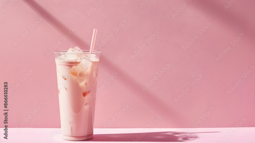 Light Brown Summer Drink on a pink Background with Sunlight and Shadows Light Brown Summer Drink on a pink Background with Sunlight and Shadows