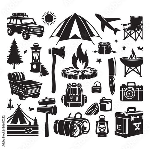 Camping and Outdoors set silhouette vector illustration